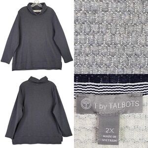 T by Talbots Pullover Stretch Knit Womens Plus Size 2X Gray LS Shawl Collar
